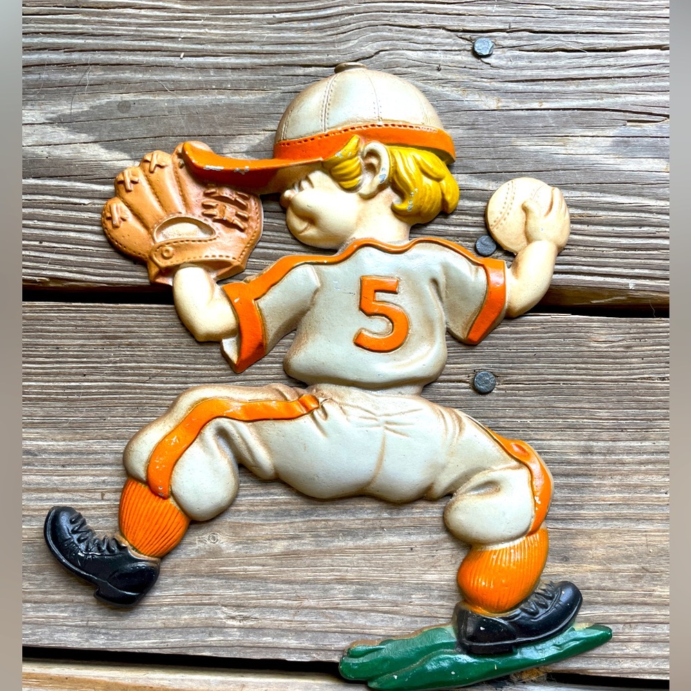 Vintage Sexton Wall Plaque Kids Baseball Players Cast Metal 3D Decor
